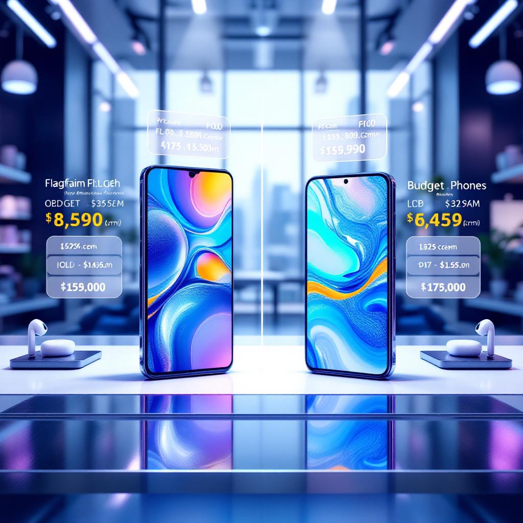 Phones displayed with price tags and earbuds, reflecting on a glossy table surface.