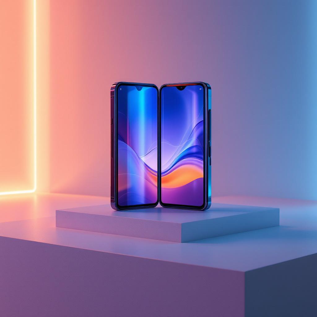 Modern phones with bright, vibrant displays facing each other on a clean, minimalistic surface.