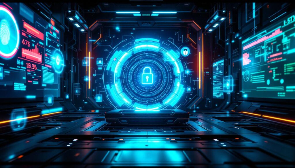 A futuristic control room displays glowing blue security icons around a central lock symbol.