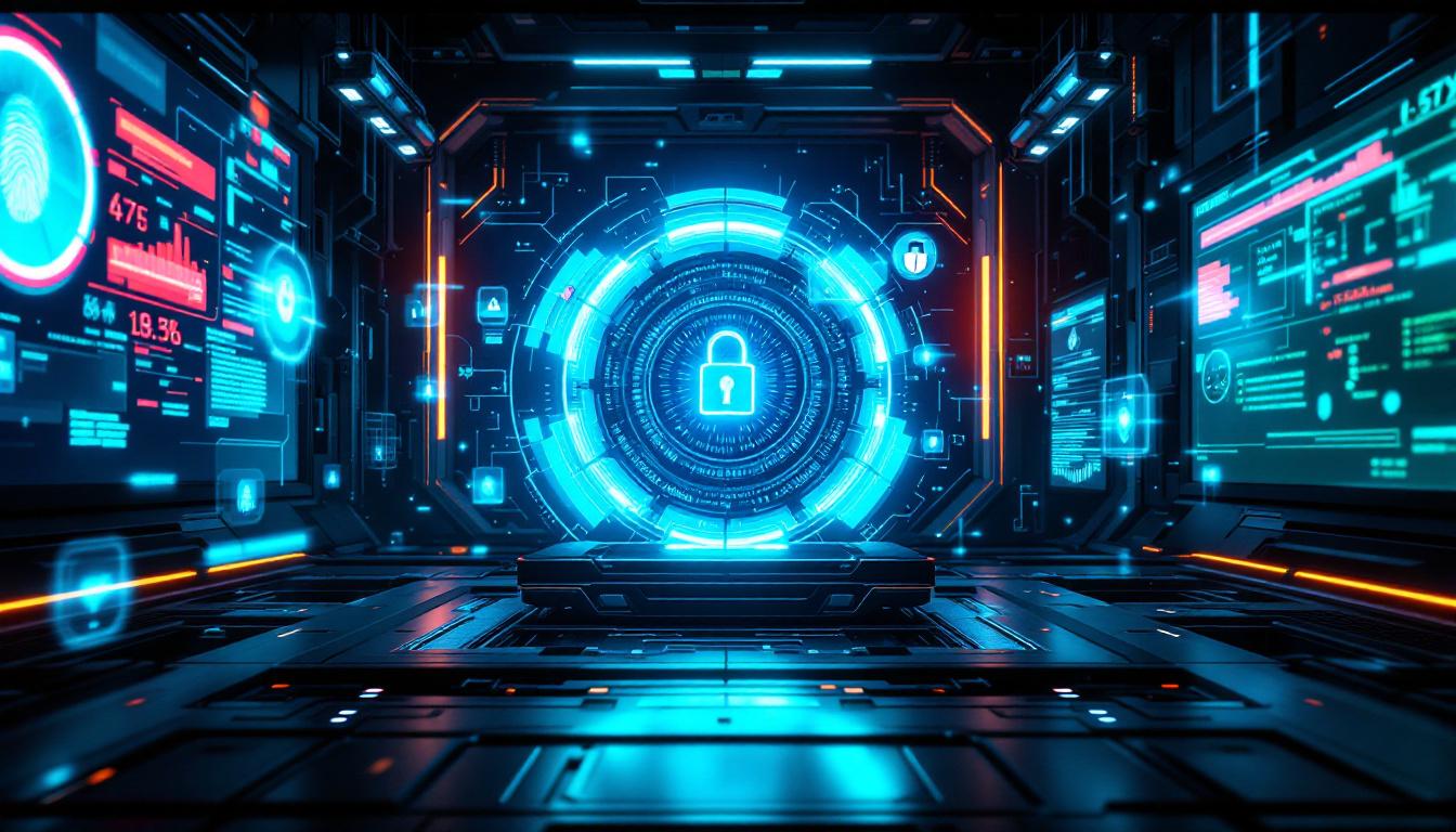 A futuristic control room displays glowing blue security icons around a central lock symbol.