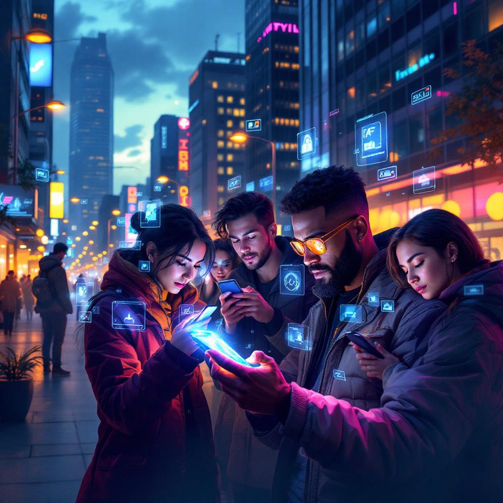 Four people using smartphones with glowing digital icons floating around them in an urban setting.