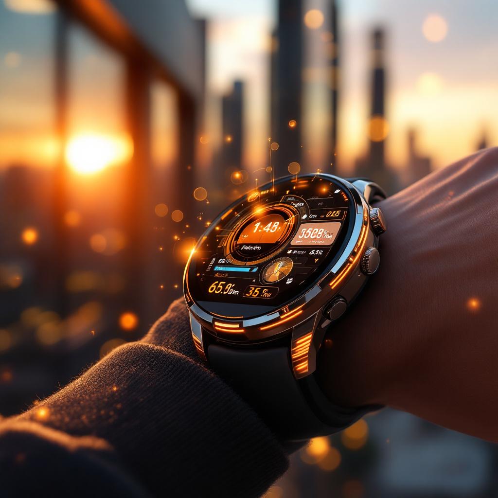Wristwear showing step count, heart rate, and time against city skyline.