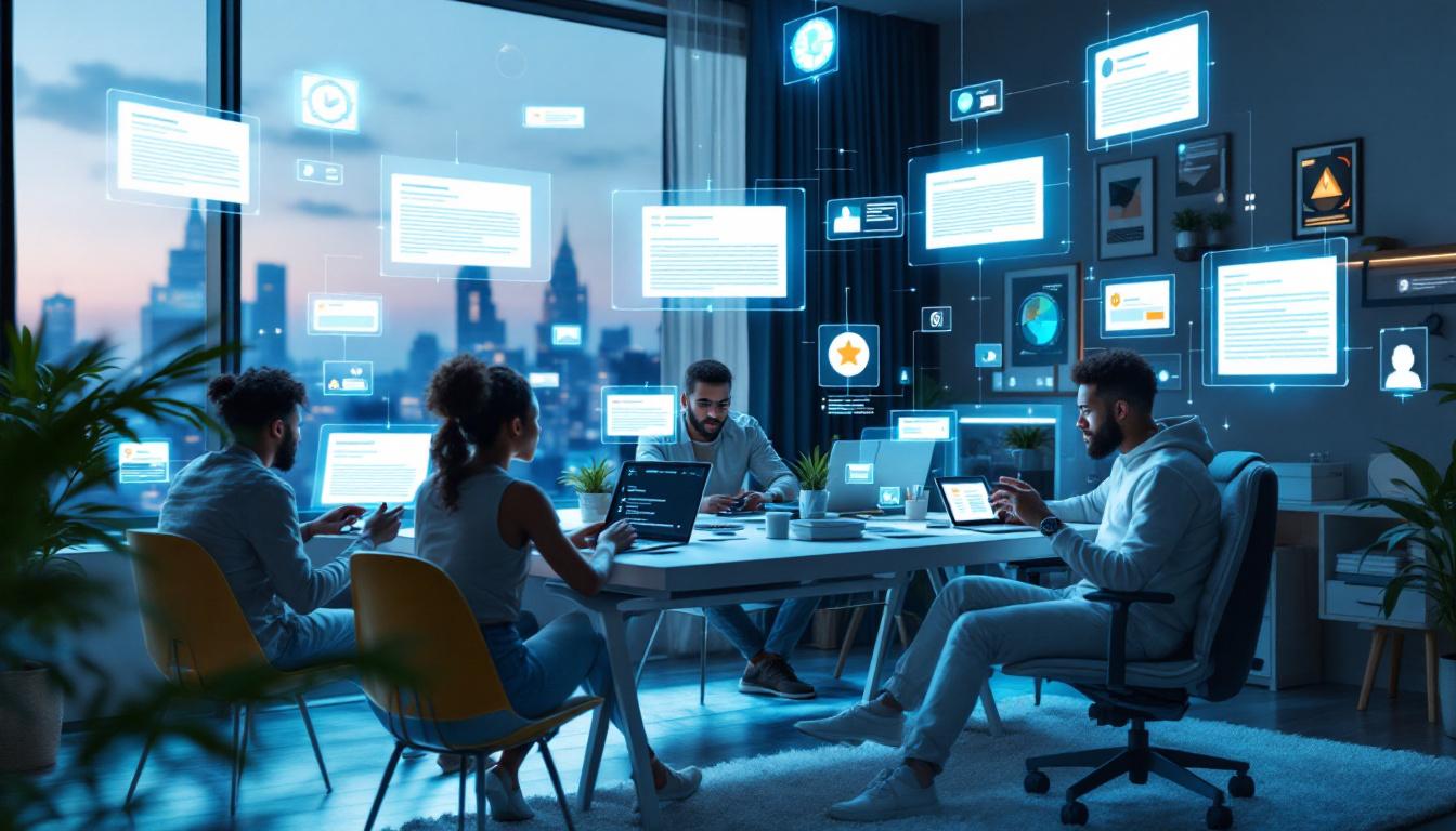 A team collaborates in a modern office with digital data displays around them.