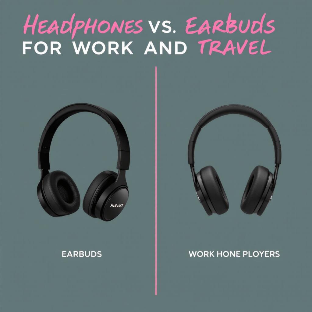 Side-by-side image comparing headphones labeled as earbuds and headphones labeled as work home players.