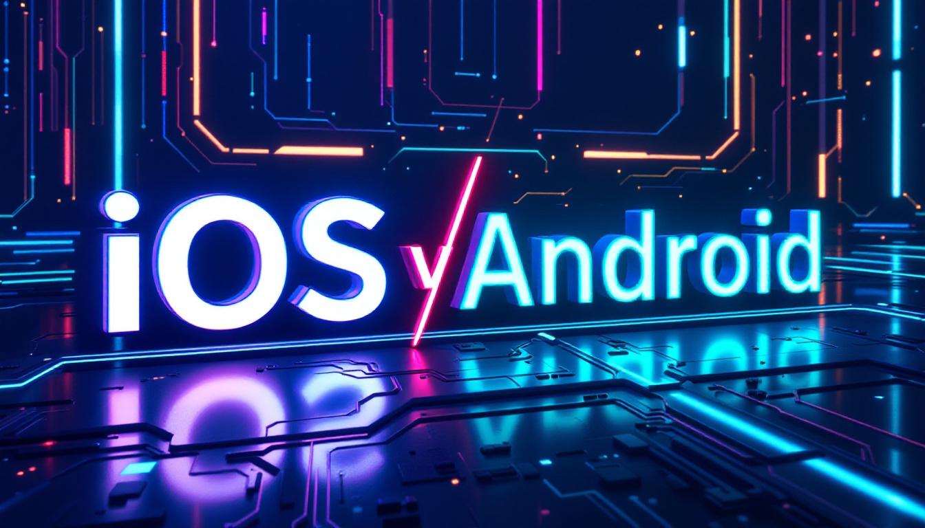 Illuminated "iOS" and "Android" text highlights the two leading mobile operating systems.