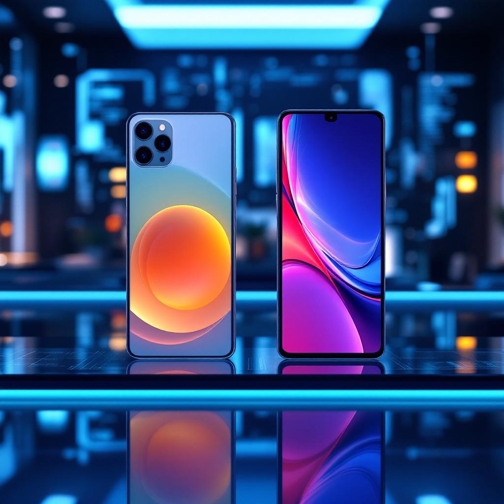 Close-up of two modern phones side by side with glowing displays.