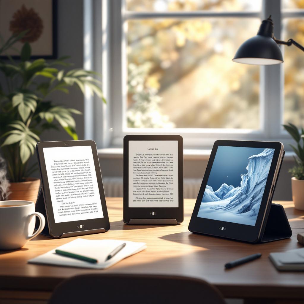 Tablets displaying text and an icy mountain image, set on a tidy wooden desktop.