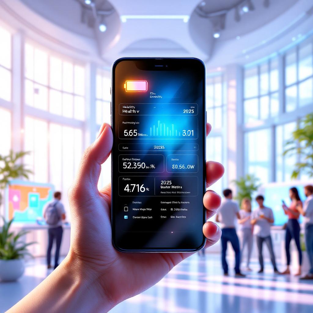 Mobile device displaying health stats and battery level, held in front of coworkers.