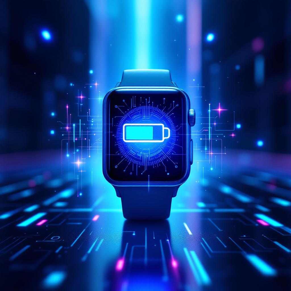 A glowing smartwatch with a battery icon on its screen, surrounded by blue light effects.
