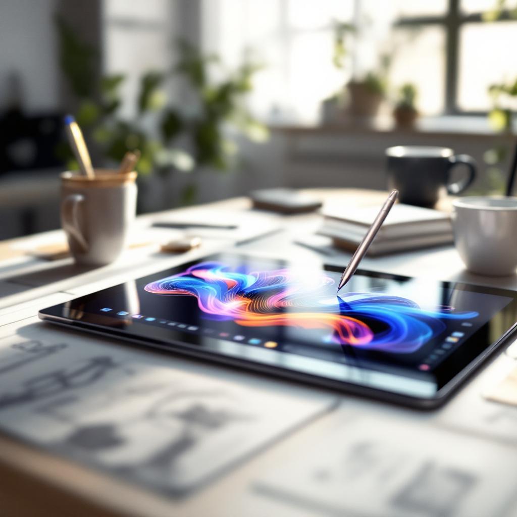 Digital tablet displaying vivid swirling colors while a hand-held stylus shapes the design.