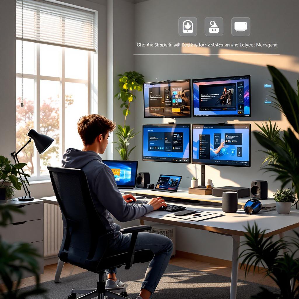 A tech workspace with a laptop, tablet, and four wall-mounted screens displays various apps.