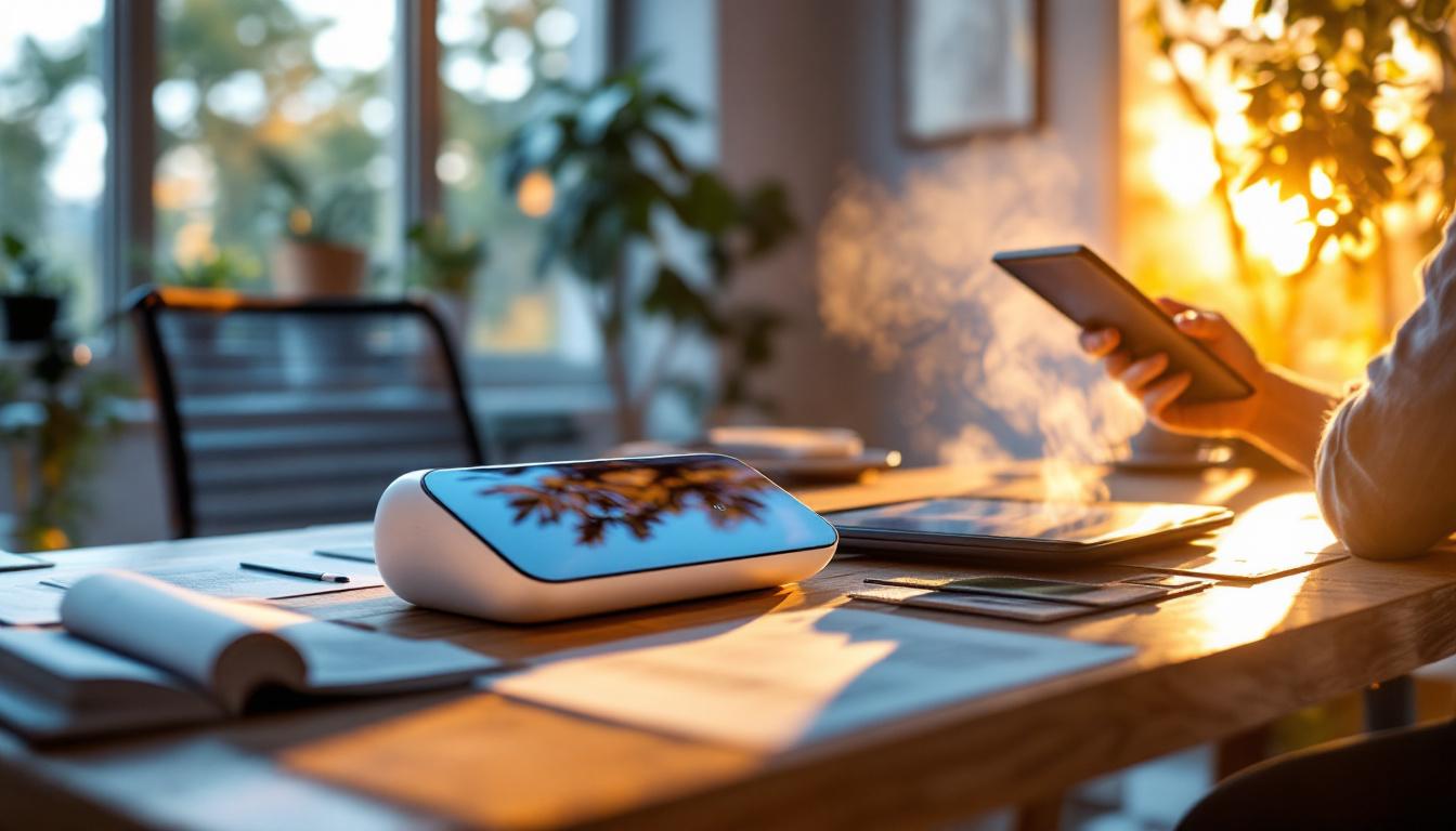 A modern workspace with a person using a smartphone near a steaming tablet on a wooden desk.
