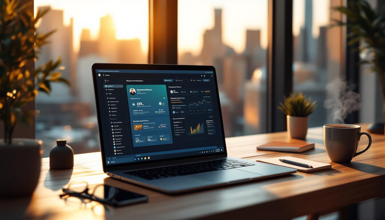 A laptop displaying a financial dashboard sits on a wooden desk at sunset.