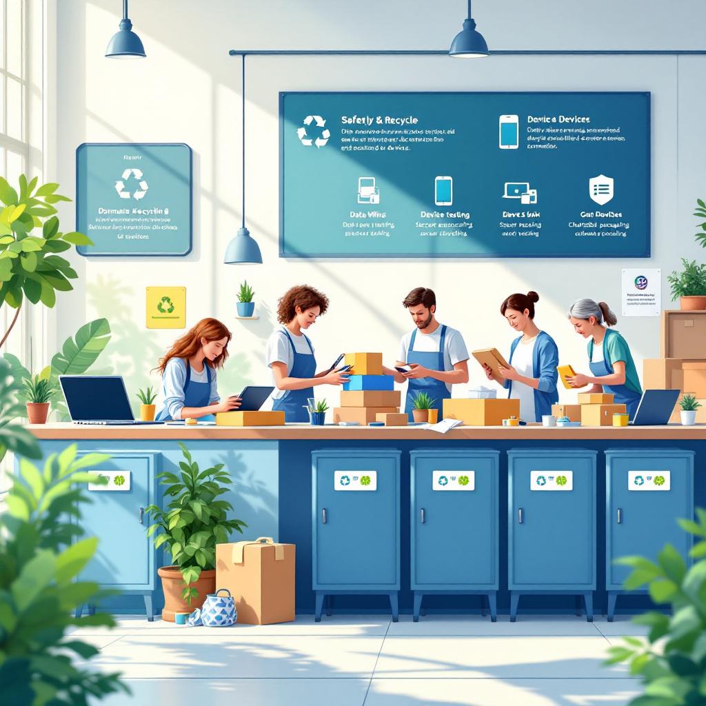 A group of employees inspecting and preparing items for recycling in a tidy workspace.