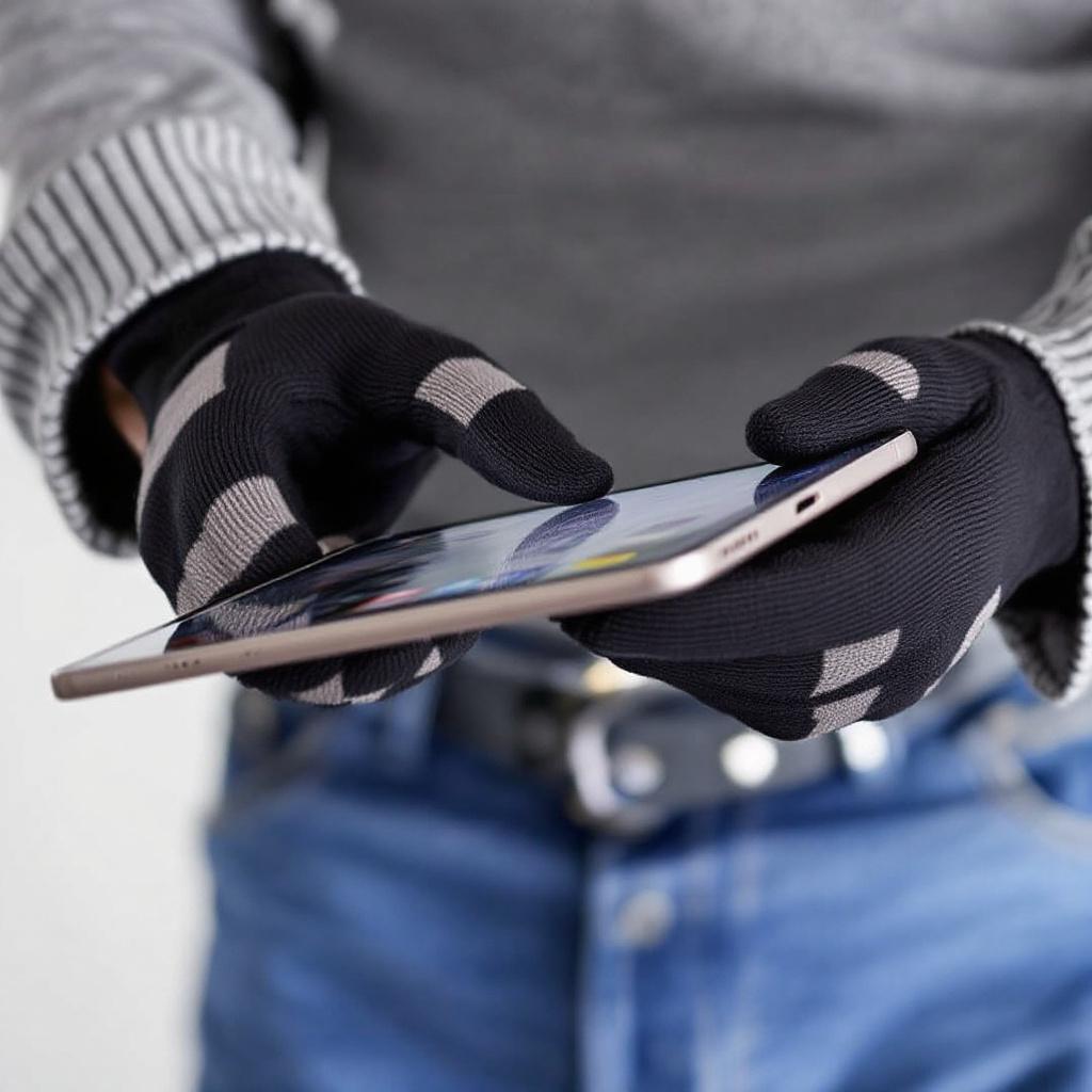 Hands in gloves hold and use a tablet device.
