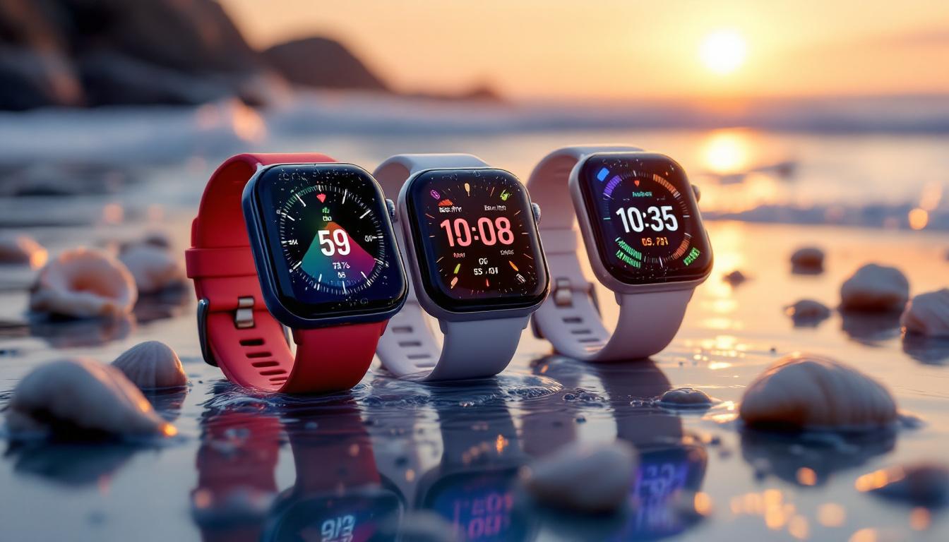 A red, gray, and pink smartwatch display information while sitting on a beach surface.