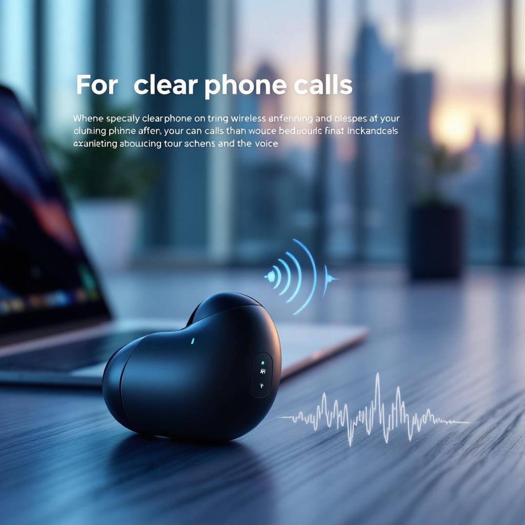 Earbud positioned next to a laptop showing clear call signal graphics.