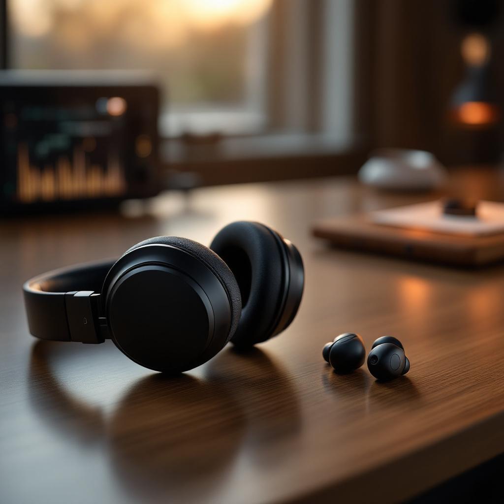 Black wireless over-ear headphones and earbuds rest on a wooden desk.